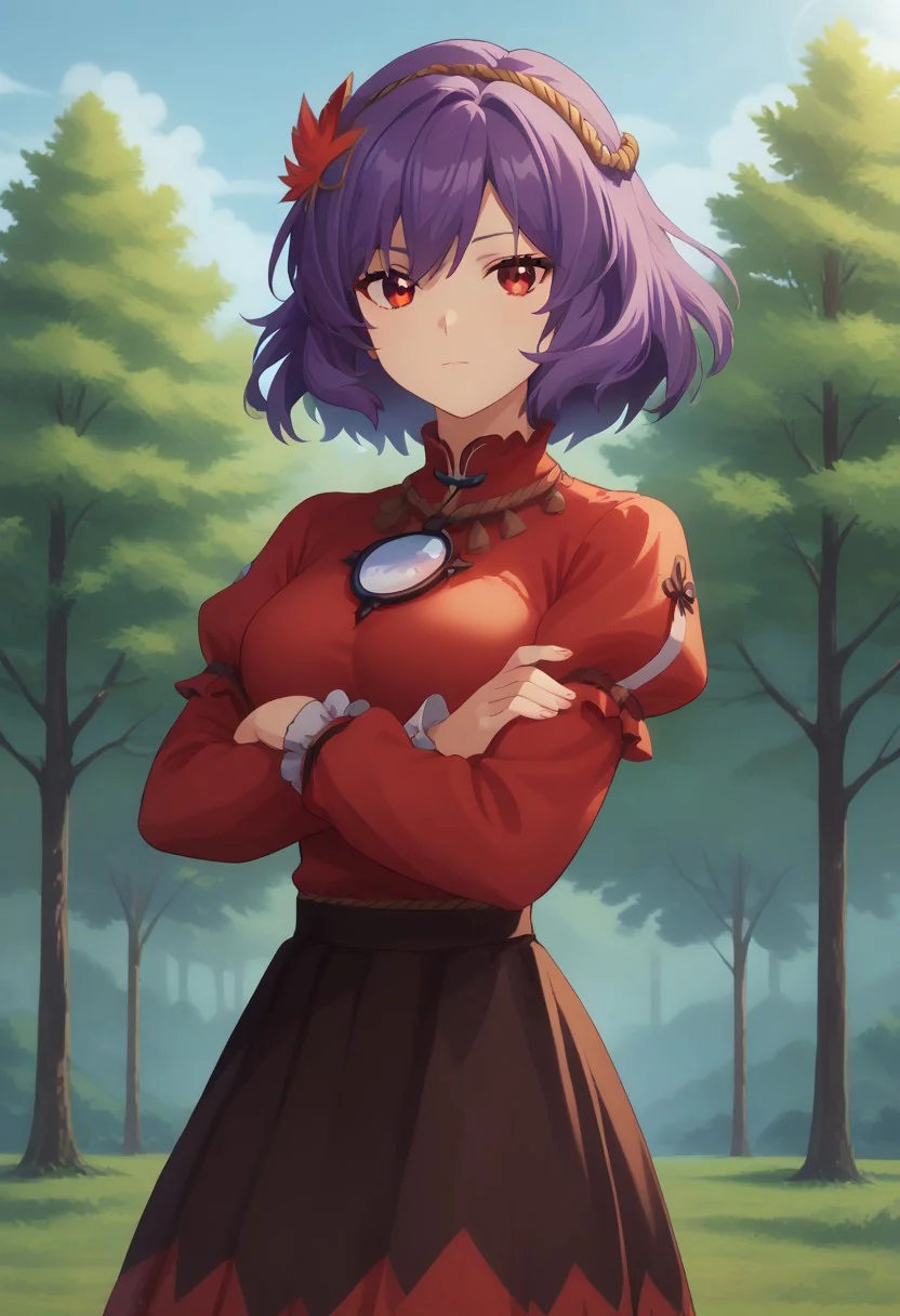 score_9,score_8_up,score_7_up, 5fingers, anime screencap, yasaka kanako, 1girl, crossed arms, hair ornament, leaf hair ornament, long sleeves, looking at viewer, onbashira, puffy long sleeves, puffy sleeves, purple hair, red eyes, red shirt, short hair, skirt, standing, main outfit, solo, outdoors