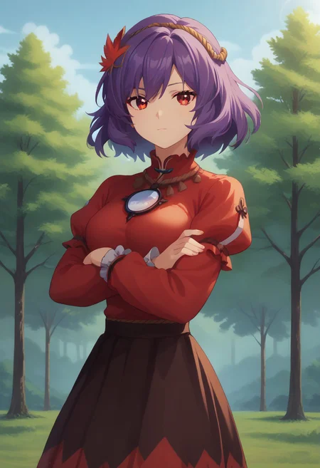 score_9,score_8_up,score_7_up, 5fingers, anime screencap, yasaka kanako, 1girl, crossed arms, hair ornament, leaf hair ornament, long sleeves, looking at viewer, onbashira, puffy long sleeves, puffy sleeves, purple hair, red eyes, red shirt, short hair, skirt, standing, main outfit, solo, outdoors