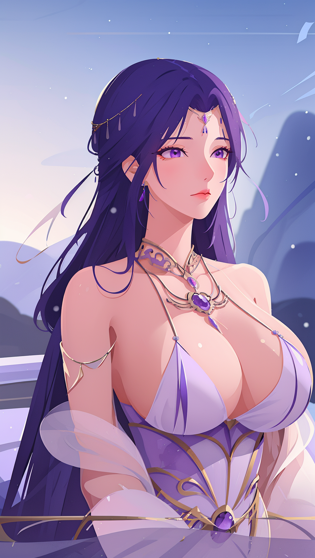 <lora:TMyunxi:1>,yunxi,1girl,hair ornament,purple hair,jewelry,long hair,solo,purple eyes,dress,one ear has an earring,amethyst earrings,earrings,upper body,necklace,expressionless,looking to the side,closed mouth,bare shoulders,looking away,lightning,gem,
china guzhuang,snowing,war,, best quality , masterpiece, illustration, an extremely delicate and beautiful, extremely detailed ,CG,unity,8k wallpaper, Amazing, finely detail, masterpiece, best quality,official art,extremely detailed CG unity 8k wallpaper,absurdres, incredibly absurdres, huge filesize , ultra-detailed, highres, extremely detailed,beautiful detailed girl, extremely detailed eyes and face, beautiful detailed eyes,light on face,
