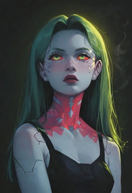 score_9, score_8_up, score_7_up,  
break 
1woman, 
Break
(((Rebecca_(Cyberpunk)))), white blue skin. Green hair with red tips. Long hair.
high quality,  expressive.Beautiful. petite body with wide hips,  Short woman. Thick thighs, Pear body,   Small breasts.  Black jactet.  Smoking cigarrete. Facing the viewer. Neon lights. Motion lines. Realistic. Elegant.
Break