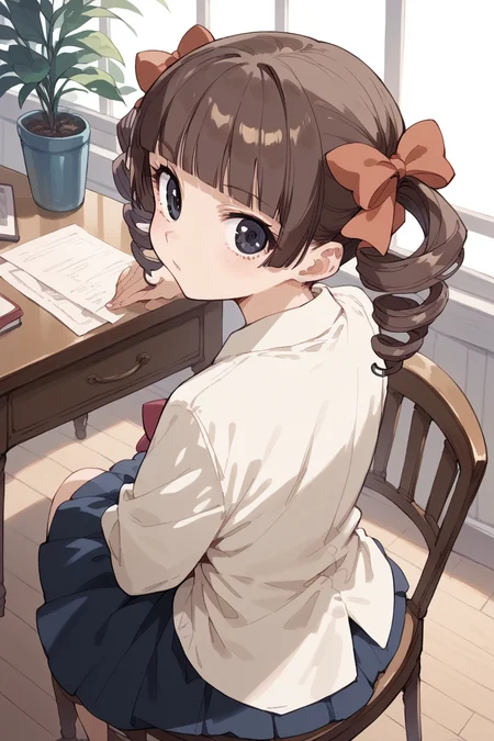 score_9, score_8_up, score_7_up, score_6_up,
<lora:Touko_Matsudaira:0.9> touko, 1girl, solo, drill hair, brown hair, chair, twin drills, looking at viewer, looking back, bow, hair bow, black eyes, twintails, blunt bangs, bangs, high angle,
