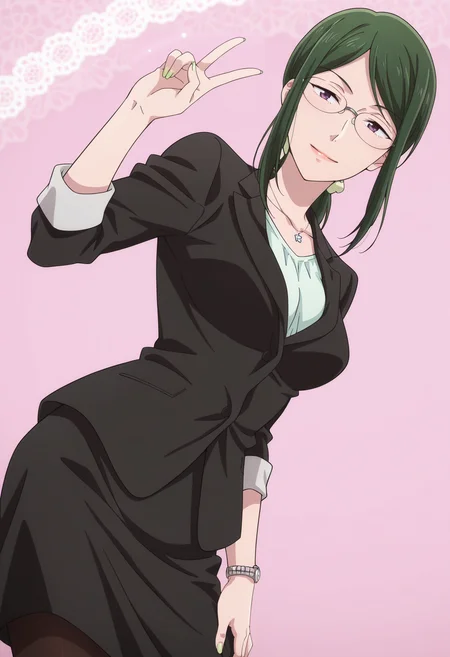 anime screencap, anime coloring, 1girl, solo, <lora:DX888Hanako:1> koyanagi hanako, purple eyes, green hair, medium hair,
glasses, low ponytail, office lady, suit, skirt suit, necklace, wristwatch, scrunchie, pantyhose BREAK pink background, lace background, (simple background:1.2) BREAK (dynamic pose:1.2), smile, v, contrapposto, from below,