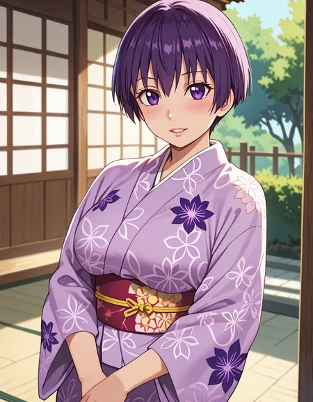 score_9, score_8_up, score_7_up, source_anime, anime screencap, anime coloring, masterpiece, best quality, uncensored, 1girl, solo, (portrait:1.2), satomi manabe, short hair, large breasts, purple eyes, purple hair, japanese clothes, breasts, kimono, yukata, obi, sash, tabi, floral print, <lora:Manabe Satomi_Hajirai Body_Pony:0.9> standing, v arms, looking at viewer, blush, light smile, parted lips, cute face, shiny body, shiny skin, (skindentation:1.2), clear skin, shiny hair, ultra detailed eyes, depth of field, sharp, (intricate details, hyperdetailed:1.15)