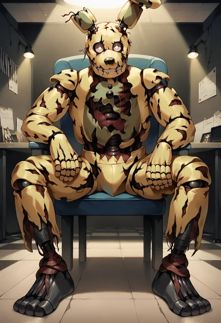 score_9, score_8_up, score_7_up, score_6_up, solo, closed mouth, white eyes, glowing eyes, highly detailed face, fnaf, male focus, realistic, horror (theme), (springtrap, animatronic), <lora:Springtrap_v4:0.98>