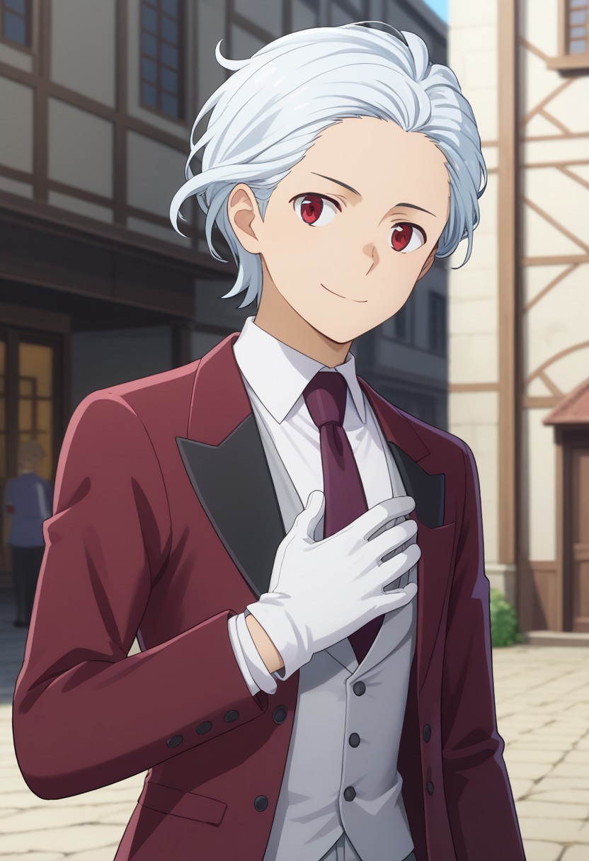 score_9, score_7_up, source_anime 
belcranel, 1boy, male focus, solo, red eyes, white hair, alternative hairstyle, butler, shirt, white shirt, collared shirt, necktie, red necktie, vest, grey vest, jacket, red jacket, gloves, white gloves, smile, closed mouth,
outdoor, village, medieval, hand on own chest,