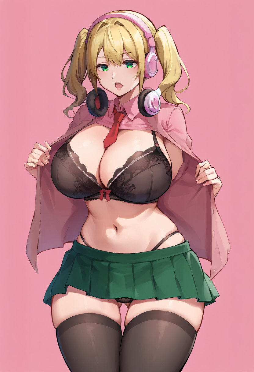 score_9, score_7_up,  1girl, 
huge breasts, wide hips, thick thighs, open shirt, thighs, skirt, blonde hair, cleavage, panties, black panties, headphones, breasts, underwear, bra, lace bra, shirt, green eyes, necktie, black bra, lace, open clothes, navel, thigh gap, open mouth, pink shirt, lingerie, pink background, lace panties, black thighhighs, twintails, red necktie, green skirt, thighhighs
 <lora:hirunagi-Style-PonyXL-GLoRA-v1.1-000047:1>