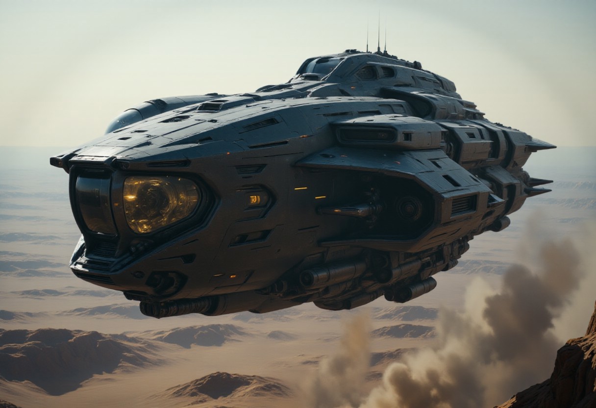 top down panoramic view, intricate details, realistic textures, highest details, ultra hyper realism and panoramic view. a highly professional cinematic film photograph. in the style of science fiction movies like Prometheus or Dune. Aerial view of a large, futuristic spaceship with intricate details and a dark, metallic exterior, floating in space. The ship has a sleek, aerodynamic design with multiple levels. planetary orbit, foreign planet. The background features a vast expanse of space. The lighting is soft and diffused, creating a serene atmosphere. High quality.
