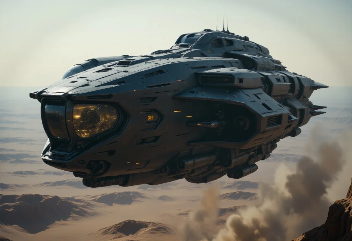 top down panoramic view, intricate details, realistic textures, highest details, ultra hyper realism and panoramic view. a highly professional cinematic film photograph. in the style of science fiction movies like Prometheus or Dune. Aerial view of a large, futuristic spaceship with intricate details and a dark, metallic exterior, floating in space. The ship has a sleek, aerodynamic design with multiple levels. planetary orbit, foreign planet. The background features a vast expanse of space. The lighting is soft and diffused, creating a serene atmosphere. High quality.