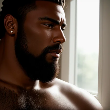RAW photo, absurdres, high quality, photorealistic,
a close up portrait of a man, muscular, beard, detailed skin, dark skin,
indoors, window, sunlight, 8k uhd, dslr, film grain
