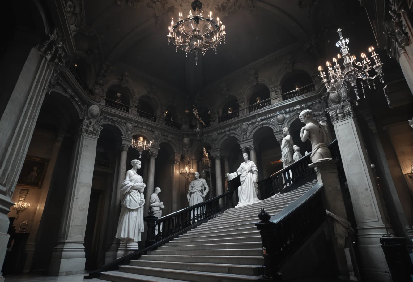 ,ruanyi0762,chandelier,statue,indoors,pillar,stairs,<lora:0762 opera house_v1_pony:1>, score_9,score_8_up,score_7_up,,8k,1girl,solo,