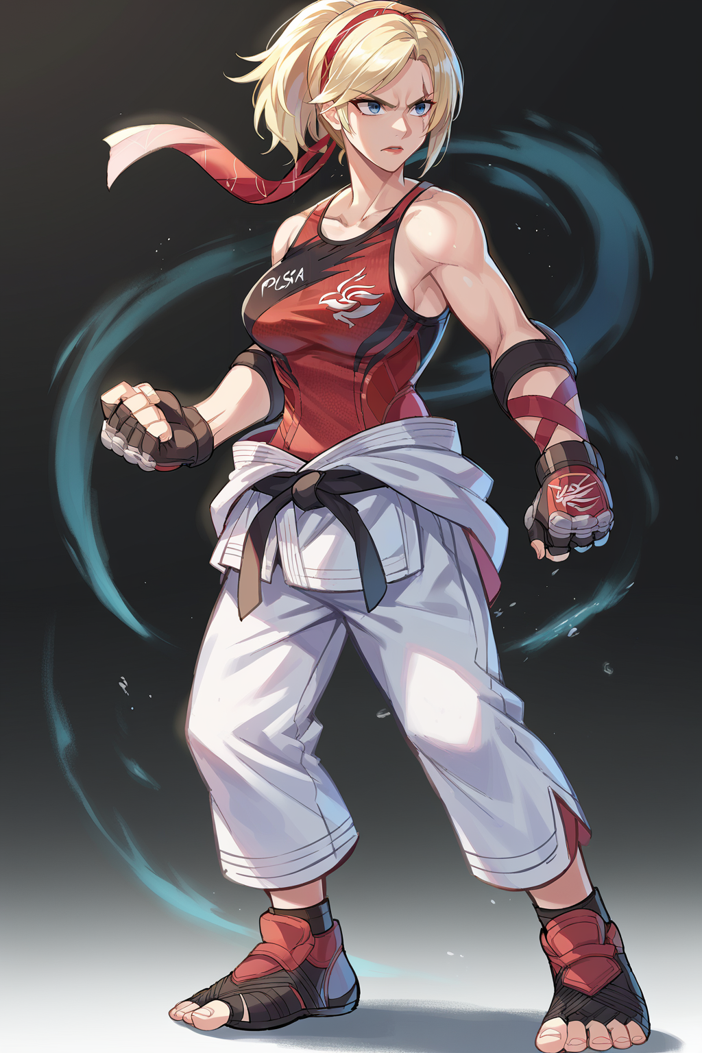 score_9, score_8_up, score_7_up, score_6_up, score_5_up, score_4_up, BREAK source_anime,solo
edgLidia,fingerless gloves,scar across one eye,ponytail,red hairband,black karate belt,clothes around waist,dougi,tank top, breasts, short hair, blue eyes, blonde hair, gloves, full body,fighting stance, nose
<lora:edgLidiaTekkenPonyv1:1>