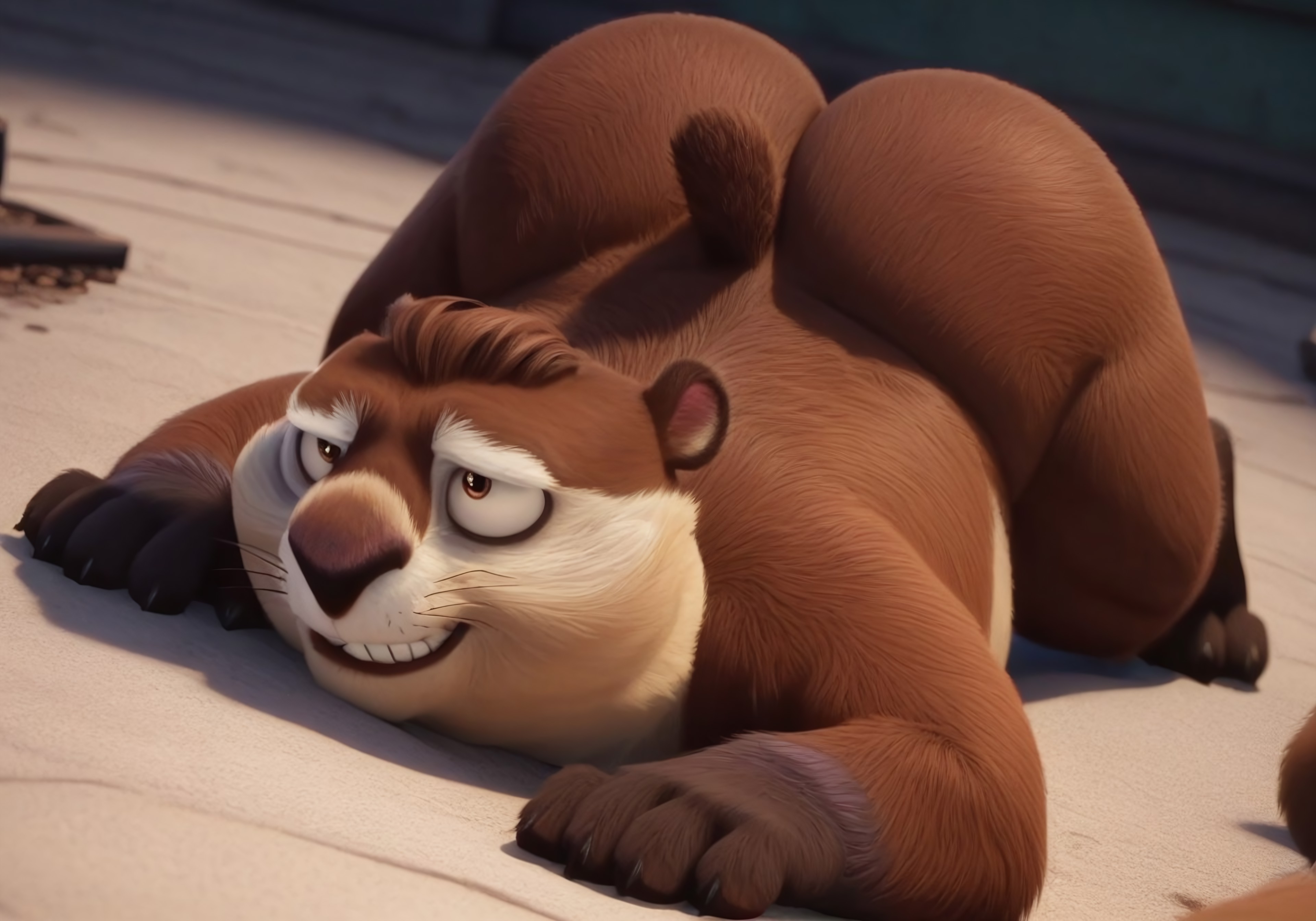 score_9, score_8_up, score_7_up, score_6_up, score_5_up, score_4_up, best quality, absurd, res, hazel eyes, movie accurate, perfect, no humans, animal focus, lying on stomach, lying on ground, above view, ass up, exposing ass, drone view, realistic, fluffy butt, all brown butt, brown fur butt, detailed butt fur, teasing butt, thicc chunky ass, naughty expression, smirk, smug, buck teeth, evil eyes, facing away, tail, smug, bent over, bending over, on all fours, all fours, butt cheeks, deep butt crack, 4K, groundhog, extreme detail, official screenshot, screencap, official, newest, 3D, 1boy, solo, male, brown fur, fat, black nose, broad shoulders, round ears, whiskers, animal, furry, fluffy, short legs, black paws, black feet paws, no humans,