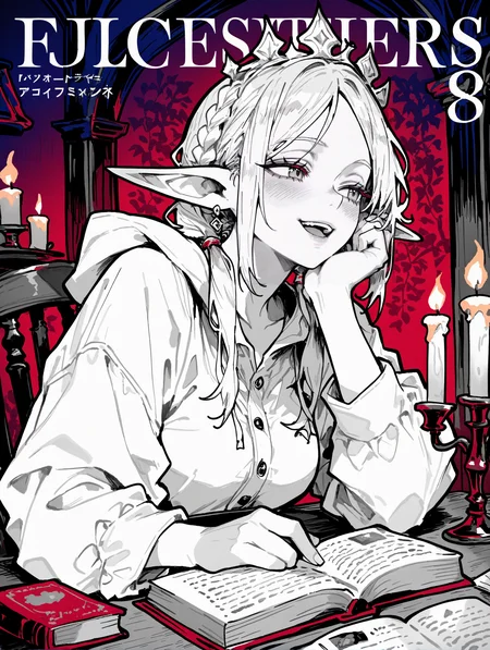 1girl,solo,twisted crown braid,elf,candle,pointyears,book,twintails,candlelight,jewelry,earrings,solofocus,shirt,indoors,openmouth,bookstack,blush,whiteshirt,shortsleeves,partedlips,upperbody,partedbangs,outofframe,breasts,table,desk,fire,candlestand,dangleearrings,largebreasts,smile,lookingatviewer,coveringwithblanket,openbook,sitting,blanket,longsleeves,headrest,hood,paper,,
BREAK
The text on the cover should be bold and attention-grabbing,contrapposto,fashion,Magazine cover,(title),with the title of the magazine and a catchy headline,
perfect quality,high quality,masterpiece,best quality,amazing quality,very aesthetic,absurdres,newest,
BREAK
748cmstyle,EtherStyle,<lora:96YOTTEA-WAI:0.3>,<lora:EtherSDXL:0.4>,<lora:illustrious_all_rated_v1:0.5>,<lora:spo_sdxl_10ep_4k-data_lora_webui:0.6>,<lora:ponyv5_noobV065S_1_adamW:0.7>,<lora:748cmSDXL:0.8>,ertcyql,greyscale with colored background,<lora:ERT1001:0.8>,