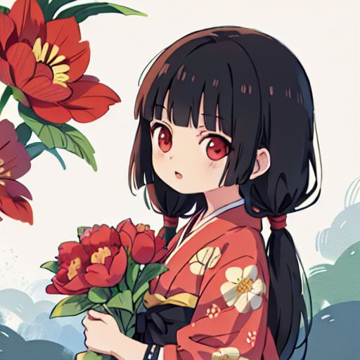 enma ai, hair down, hair black, bangs, eyes red, masterpiece, best quality, ultra-detailed, illustration, 1girl, solo, highres, photorealistic, ultra high res, (Original illustration composition), (fusion of limited color,Maximalism artstyle, kimono obi fashion, double exposure, background, illustration, Amazing, lily spider, night darkness, open one's mouth, finger, bouquet flowers red, low twintails, (polychromatic peony:1.15), Movie poster,