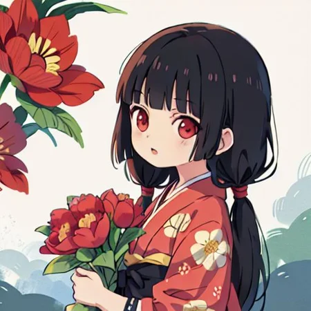 enma ai, hair down, hair black, bangs, eyes red, masterpiece, best quality, ultra-detailed, illustration, 1girl, solo, highres, photorealistic, ultra high res, (Original illustration composition), (fusion of limited color,Maximalism artstyle, kimono obi fashion, double exposure, background, illustration, Amazing, lily spider, night darkness, open one's mouth, finger, bouquet flowers red, low twintails, (polychromatic peony:1.15), Movie poster,