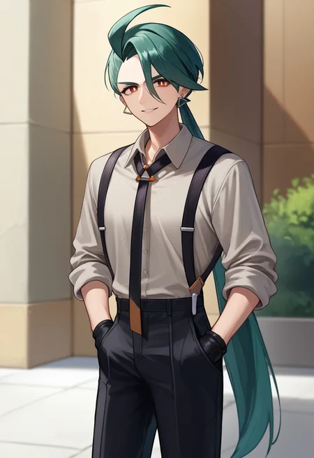 score_9, score_8_up, score_7_up, source_anime, solo, 1girl, pokemonr1ka, smile, looking at viewer, standing, hands in pockets, ahoge, ponytail, white pupils, grey shirt, collared shirt, black necktie, suspenders, sleeves rolled up, black gloves, black pants, earrings, outdoors <lora:pokemon_rika_ponyXL:1>