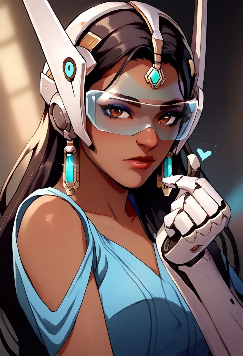 score_9, score_8_up, score_7_up, score_6_up, symow-dh, finger heart, dark-skinned female, black hair, long hair, forehead jewel, single mechanical arm, tinted eyewear, headgear, lips, earrings, brown eyes, makeup, nose, blue dress, science fiction <lora:Symmetra_Overwatch_Classic_outfit_PDXL:0.8> <lora:finger_heart_korean:1>
