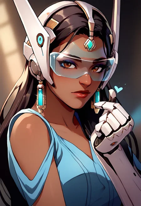score_9, score_8_up, score_7_up, score_6_up, symow-dh, finger heart, dark-skinned female, black hair, long hair, forehead jewel, single mechanical arm, tinted eyewear, headgear, lips, earrings, brown eyes, makeup, nose, blue dress, science fiction <lora:Symmetra_Overwatch_Classic_outfit_PDXL:0.8> <lora:finger_heart_korean:1>