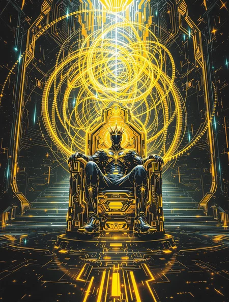 A futuristic royal throne room, neon fractals swirling around a crowned techno-king, golden cybernetics and shimmering glitch patterns, brushstroke meets pixel art, dark sci-fi fantasy atmosphere