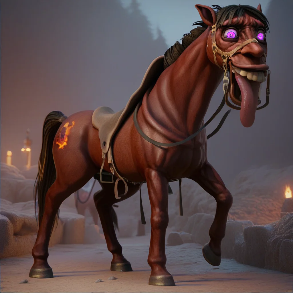 score_9, score_8_up, score_7_up <lora:Friendlyhorse:1> Friendlyhorse. Berserkhorse. horse. tongue. smile. monster. Purple eyes.