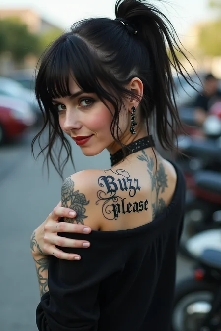 Cute slender emo with very intricate gothic style tatoo that says "buzz please" on her shoulders. View from back. off shoulder shirt. wind-swept shoulder-length dark hair tied in a pony blowing across her face. multiple ear piercings. She is turning back and looking at the camera and smiling. Pale marble like skin with freckles. Intricate tatoos on arms and back. eyeliner and mascara. Bokeh background parking lot with bikes and bikers. hands close to her chest.