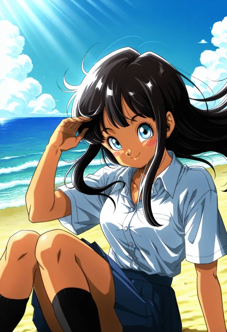 masterpiece, best quality,  absurdres, highres, cinematic light, 1girl <lora:yamamoto_doujin_style:1> yamamoto_doujin_style, toriyama akira \(style\), retro artstyle,  <lora:hina_kyan:1> kyan_wz, long hair, black hair, blue eyes, blush stickers, dark skin, dark-skinned female,  white shirt, collared shirt, short sleeves, black skit, pleated skirt, black socks, sitting, smile, looking at viewer, wind, floating hair, outdoors, blue sky, sidelighting, light rays, sunlight, beach, sand, ocean, horizont