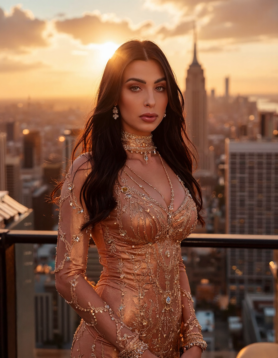 Subject: A woman standing on a luxurious, penthouse balcony overlooking a breathtaking cityscape at sunset.
Lighting: Warm, golden light from the setting sun casting a dramatic ambiance.
Camera Angle: Low angle shot, looking up at the woman's face as she gazes out at the viewer.
Composition Style: Leading lines of the city skyline converge to her eyes.
Clothing: Turtleneck, long-sleeved evening gown in metallic gold with beaded embroidery.