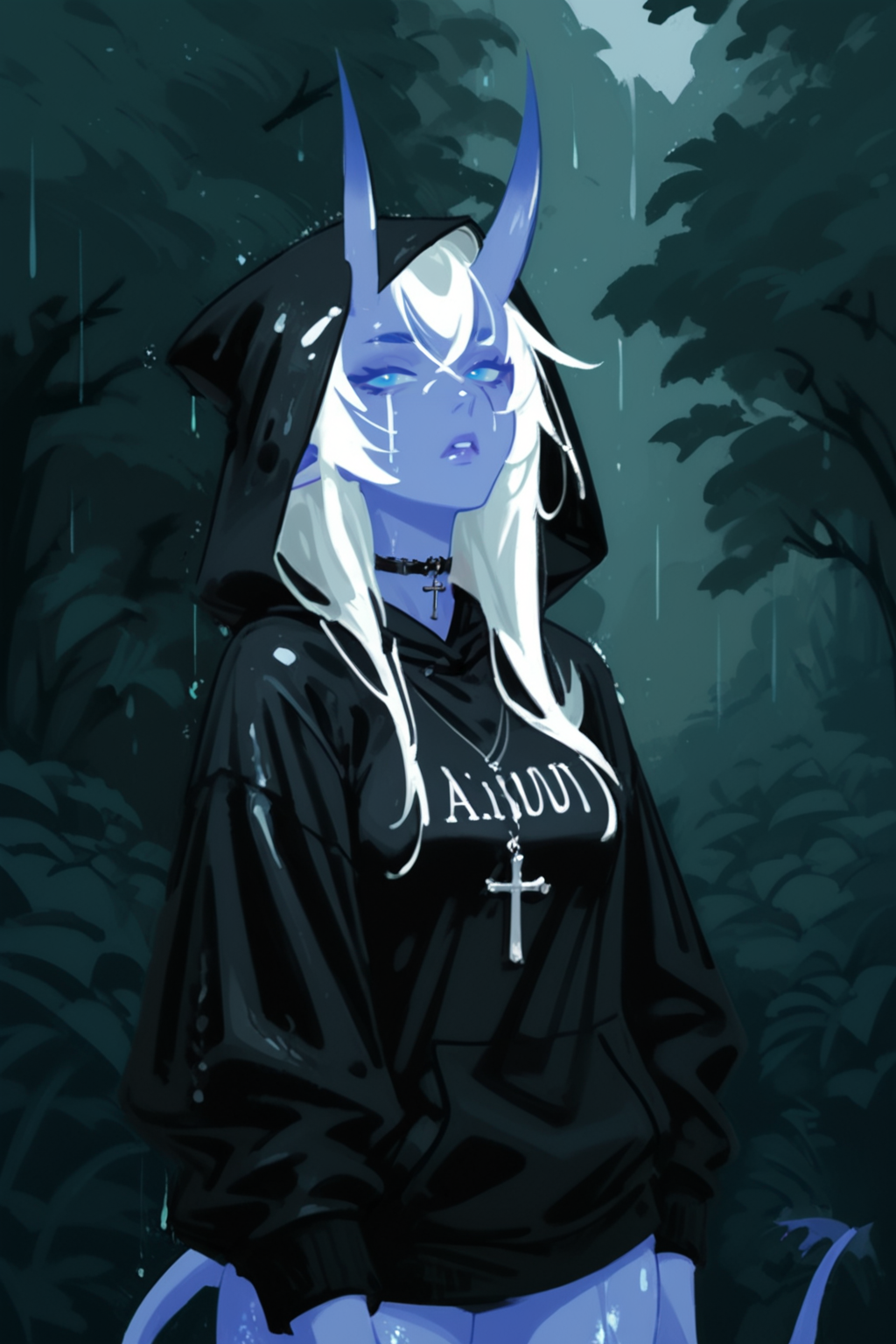 1girl, blue skin, hood, horns, colored skin, solo,  hoodie, white hair, bird, long hair, blue eyes, clothes writing, scar, outdoors, hood up, black hoodie, tail, jewelry, wet, choker, parted lips, virtual youtuber, cross, scar on face, tattoo, looking at viewer, long sleeves, oni, necklace, rain, breasts, cowboy shot, arms at sides, zPDXL3,  PnyCmicXLPOS, detailxl,  (lineless, vector art:1.5)