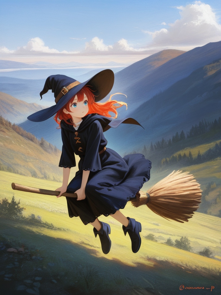 Best quality masterpiece,   Amazing very aesthetic absurdres newest embedding:my\AniPnt1,  painterly,    1girl, broom riding, witch,   <lora:SPOl_10ep_4k>