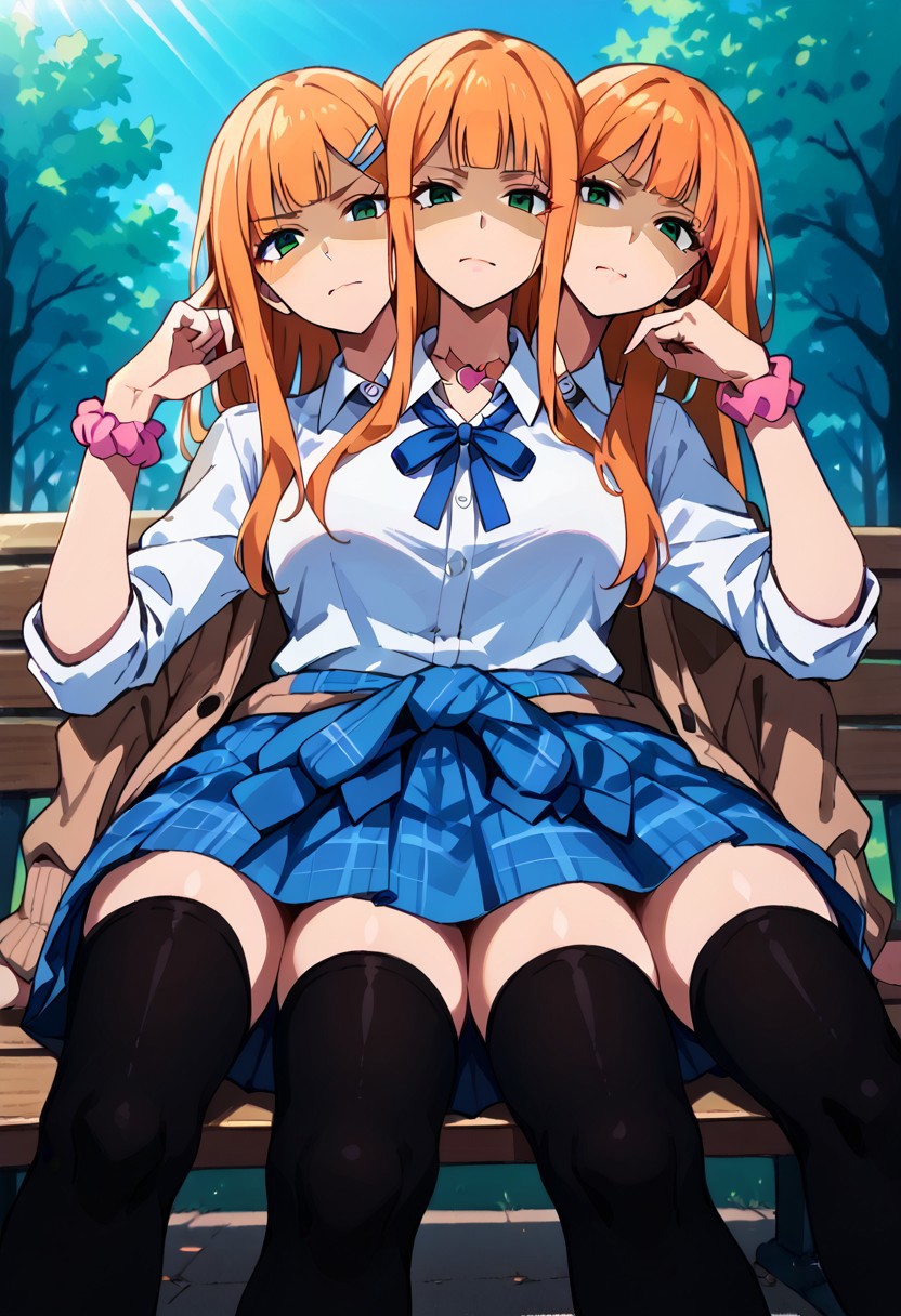 ((8arms, 4heads, trileg, six legs)), leg focus, score_9, score_8_up, score_7_up, score_6_up, score_5_up, score_4_up, shiunsumika, orange hair, blunt bangs, hairclip, straight hair, very long hair, green eyes, gyaru, heart necklace, neck ribbon, blue ribbon, collared shirt, white shirt, sleeves rolled up, pink scrunchie, wrist scrunchie, bead bracelet, brown cardigan, sweater around waist, blue skirt, plaid skirt, school uniform fully clothed, casual, sitting on bench,  slender legs, outdoors , park, (looking at the viewer), frowning, angry, disgusted face, shaded face, (from below),(((black thighhighs))), [shadows], light rays, Expressiveh