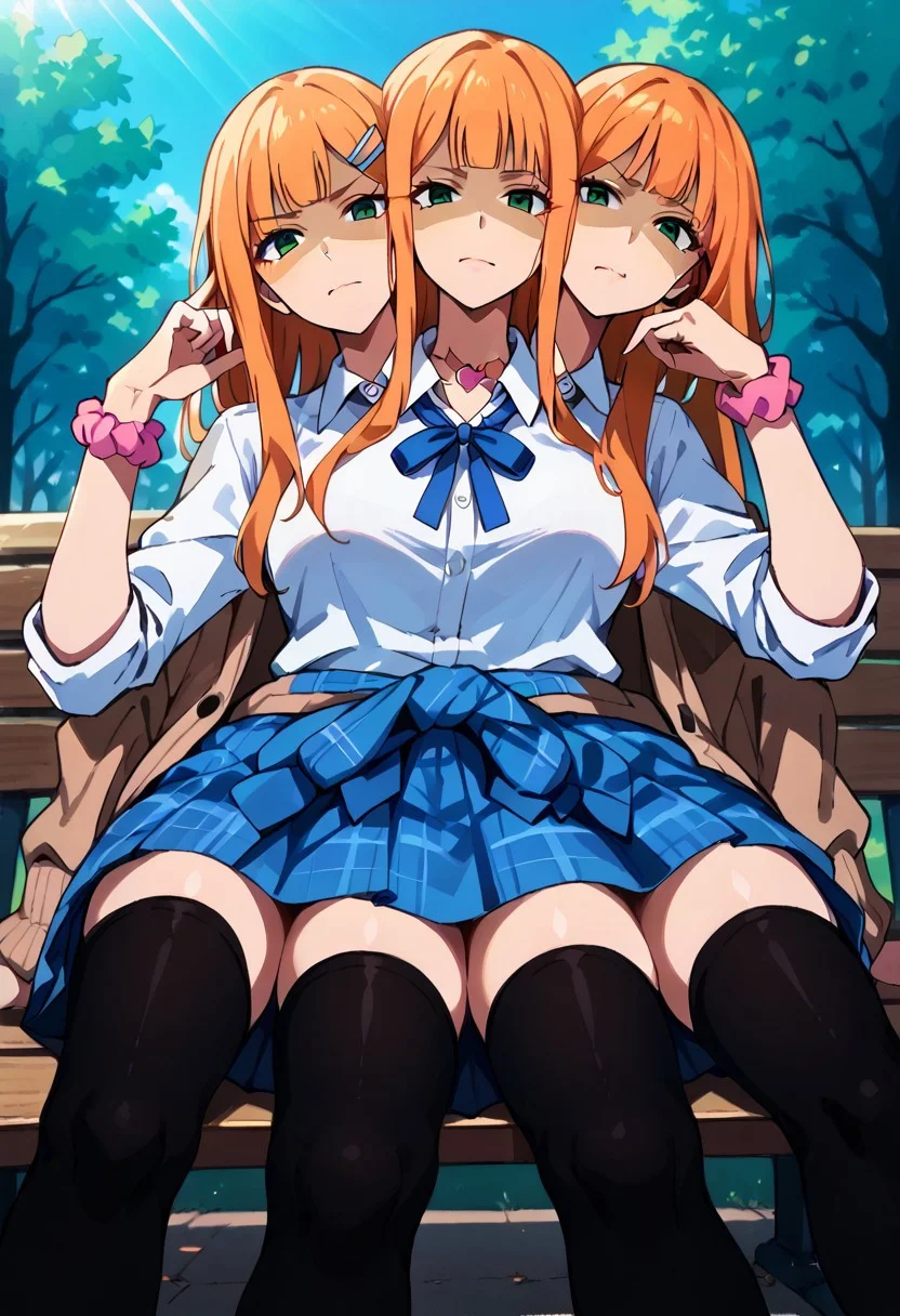((8arms, 4heads, trileg, six legs)), leg focus, score_9, score_8_up, score_7_up, score_6_up, score_5_up, score_4_up, shiunsumika, orange hair, blunt bangs, hairclip, straight hair, very long hair, green eyes, gyaru, heart necklace, neck ribbon, blue ribbon, collared shirt, white shirt, sleeves rolled up, pink scrunchie, wrist scrunchie, bead bracelet, brown cardigan, sweater around waist, blue skirt, plaid skirt, school uniform fully clothed, casual, sitting on bench,  slender legs, outdoors , park, (looking at the viewer), frowning, angry, disgusted face, shaded face, (from below),(((black thighhighs))), [shadows], light rays, Expressiveh
