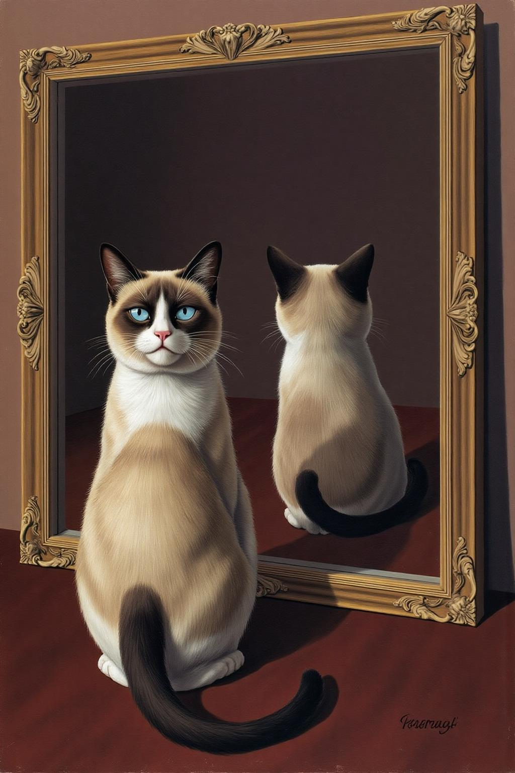 renemag1 painting. Grump cat is viewed from behind, standing in front of a large, ornate mirror. The cats reflection in the mirror also shows the same back view. 
 <lora:renemag1_cap_d6a3:1.0><lora:829584478377663579:0>