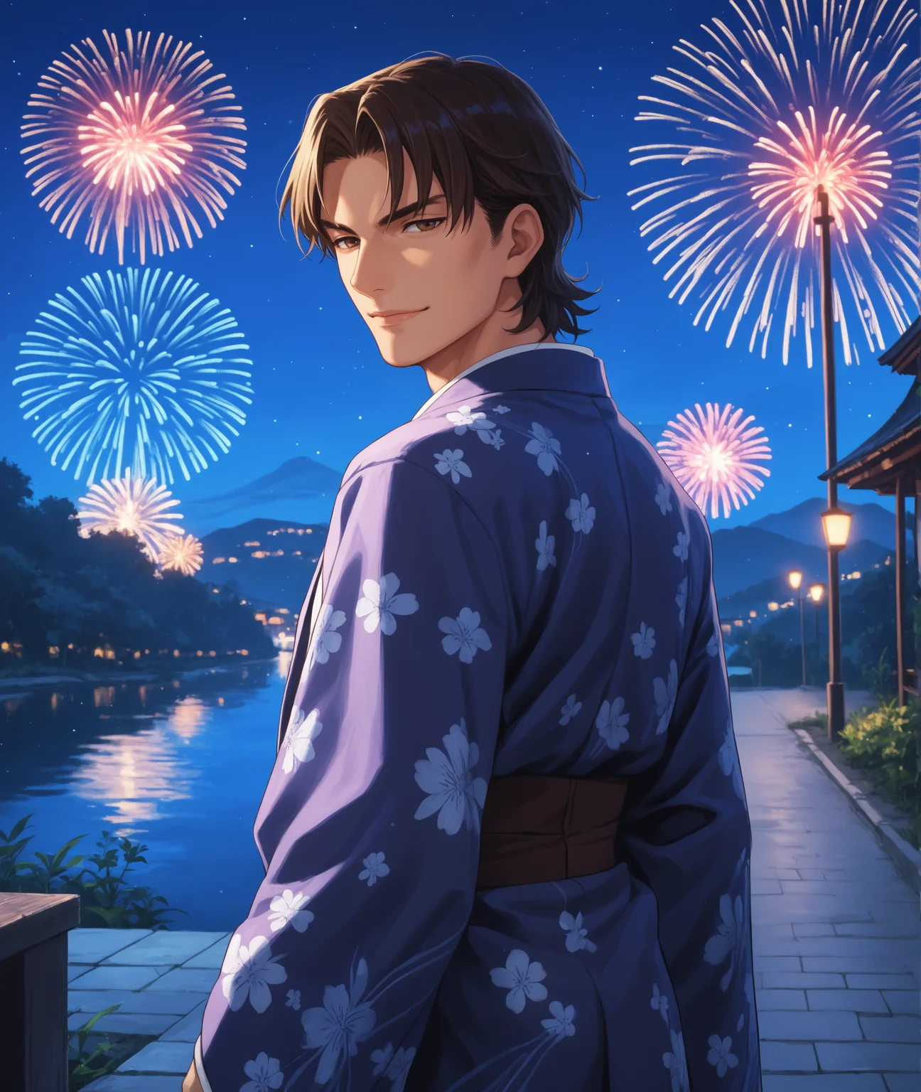 score_9, score_8_up, score_7_up, score_6_up, source_anime, outdoors, night, fireworks, blurry, particles, depth of field,
BREAK 1boy, solo, kotominekirei, male focus, kotomine kirei, looking at viewer, brown eyes, short hair, parted bangs, cheekbones, looking back, from behind, kimono, floral print, smirk, rimlight, japanese clothes, arms behind back, half-closed eyes,
<lora:kireikotomine:0.7>