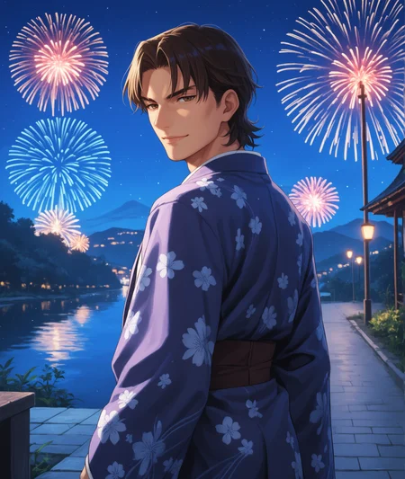 score_9, score_8_up, score_7_up, score_6_up, source_anime, outdoors, night, fireworks, blurry, particles, depth of field,
BREAK 1boy, solo, kotominekirei, male focus, kotomine kirei, looking at viewer, brown eyes, short hair, parted bangs, cheekbones, looking back, from behind, kimono, floral print, smirk, rimlight, japanese clothes, arms behind back, half-closed eyes,
<lora:kireikotomine:0.7>