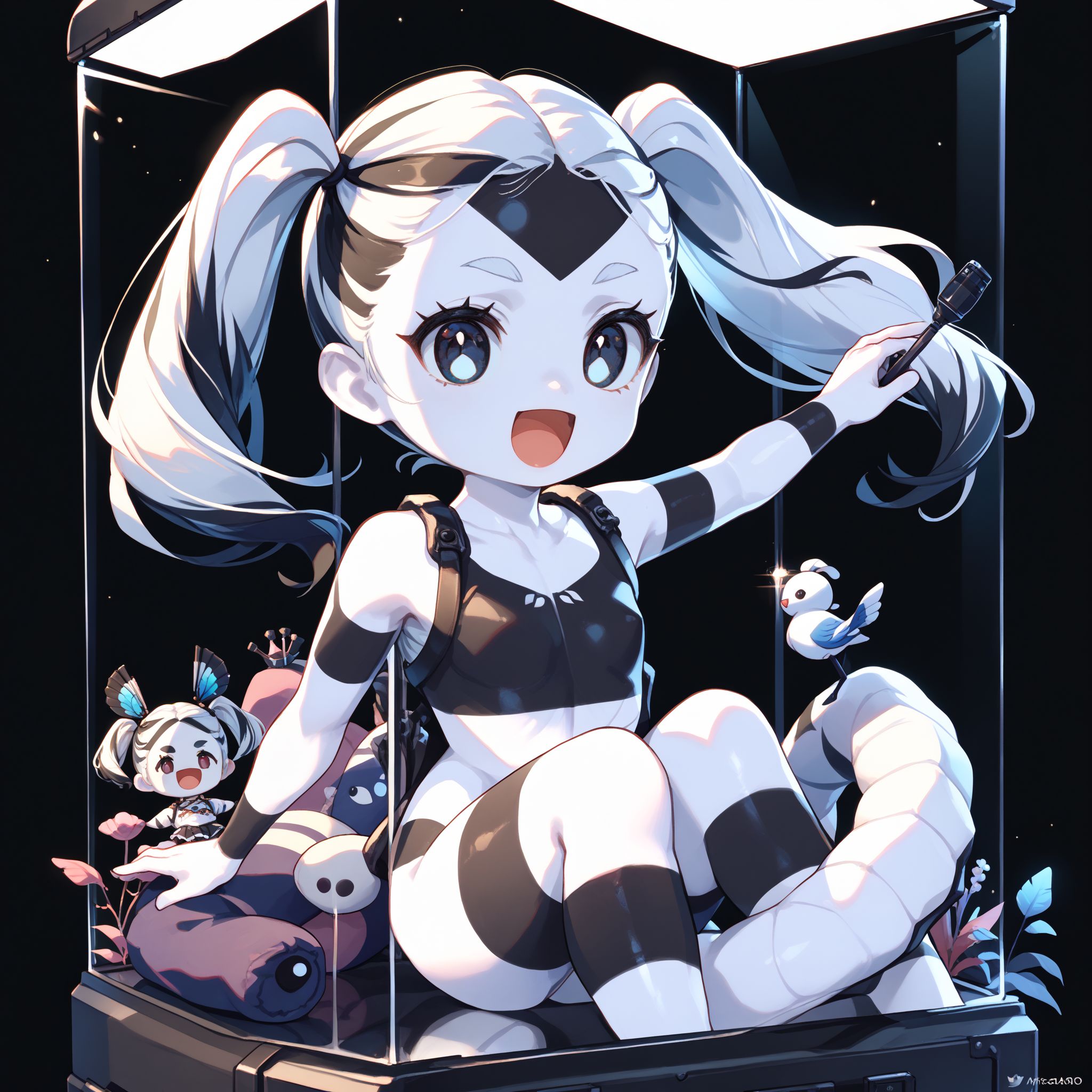 score_max, (score_9, score_8_up, score_7_up:1.2), score_6_up,
, masterpiece, absurdres, high detail, 8k, (no humans, object focus:1.4),
black background, spotlight, display case, crane game, open mouth, :d,
floating, chibi, stuffed toy, nymph, twintails, two-tone hair, forehead, bodypaint, striped, (white skin:1.4)
<lora:XL_Pony_MGCM-nymph-t1:1.2>