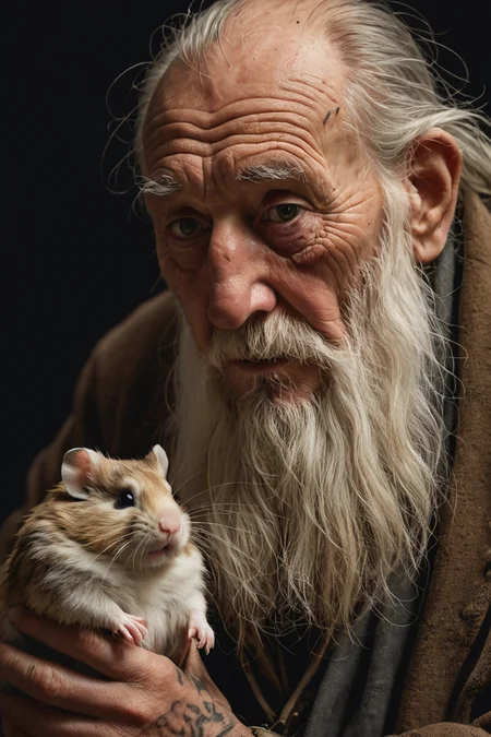 old man with his giant hamster,crying,realistic,looking at viewer,an old sage with a long beard,eyes that have seen centuries,celestial bodies tattooed on skin,natural shadow,depth of field,aesthetic,wise and enigmatic