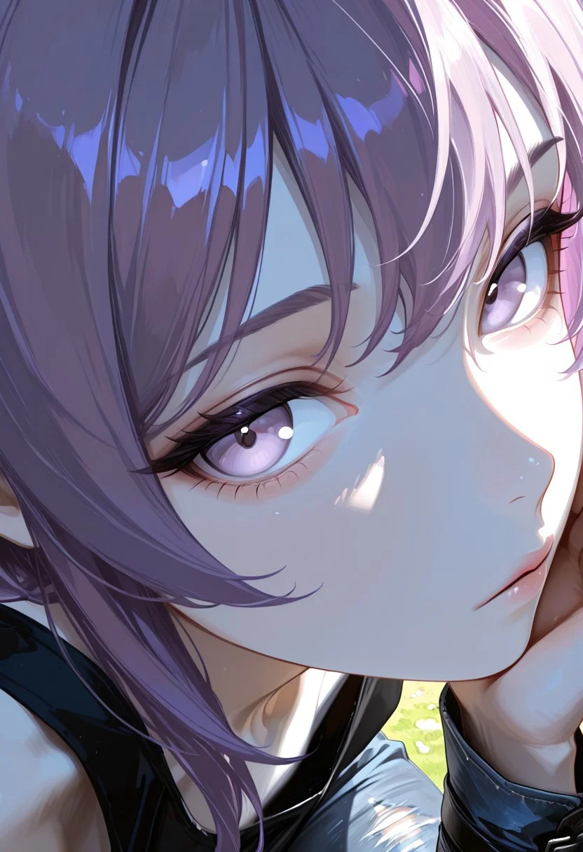masterpiece, high_quality, highres, park, sun, bright, close-up, extreme close-up face, face focus, hand up for shade,
1girl, LillyW, purple hair, light gray skin, lilac eyes,, ripped jeans, black tank top, black boots, looking at viewer