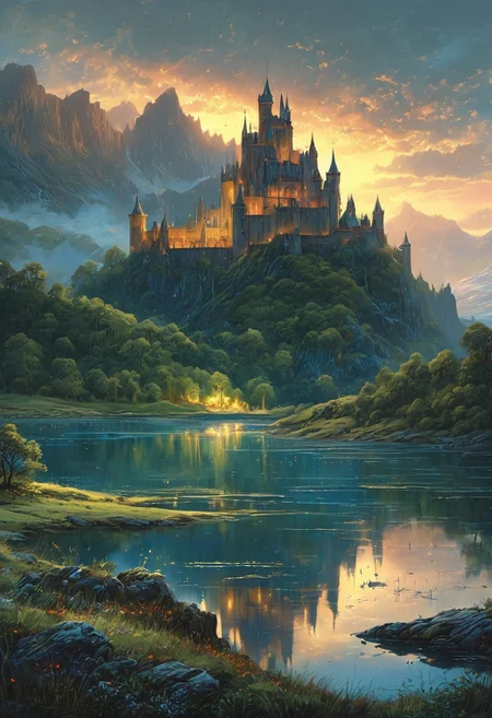 (by Ellen Jewett:1.5), (Bioluminescent Impressionism,) A captivating night scene illustration featuring a beautiful castle on a large hill overlooking a lake in the highlands of Scotland. The castle is ancient but well maintained and updated and comfortable to live in. This enchanting artwork captures a serene and peaceful early morning, where the sun is just starting to rise over the beautiful highlands and castle which stands resolute amidst highlands, creating a cinematic experience., illustration, cinematic
<lora:DonM3t3rn1tyXL-v1.1:0.7>, DonM3t3rn1tyXL,
OverallDetailXL <lora:MJ52:0.3> <lora:SDXLFaeTastic2400:0.4> <lora:EpicF4nta5yXL:0.7><lora:add-detail-xl:1> <lora:RMSDXL_Creative:2>*Channel_42* ral-wlfnte, PEAnimeBG, scenery