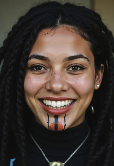 closeup portrait of a smiling indigenous woman with dreadlocks with colorful chin-tattoo resembling a Colorful Industrial icon, her lips are stitched