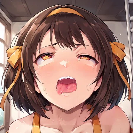 score_9, score_8_up, score_7_up, best quality,  zPDXL2, BREAK   1girl, blush , , half-closed eyes, rolling eyes, [clenched teeth|open mouth|tongue out], suzumiya_haruhi, close-up, Pretending to climb a ladder