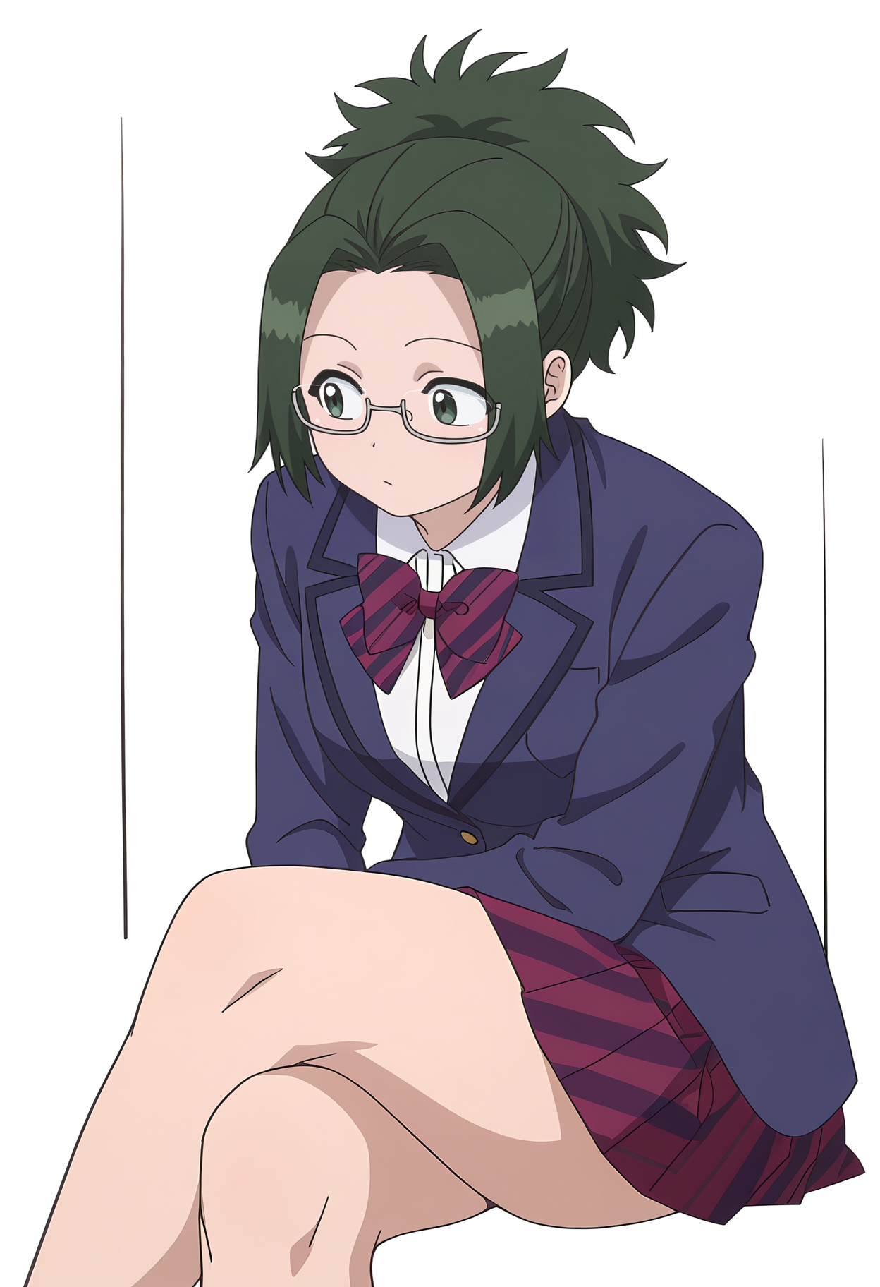 Smooth Quality,masterpiece,very intricate, high quality details, ultra realistic, high detailed skin,detailed enviorement,
simple background, white background, 
crossed legs, 
 <lora:Agari_Himiko_cnn:0.8> agarihimikocnn,1girl,green eyes, short hair,glasses, ponytail,green hair,
school uniform, bowtie, pleated skirt, jacket, white shirt,