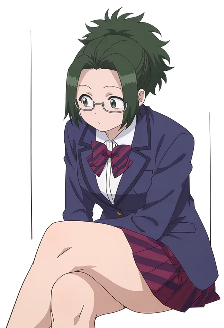 Smooth Quality,masterpiece,very intricate, high quality details, ultra realistic, high detailed skin,detailed enviorement,
simple background, white background,
crossed legs,
<lora:Agari_Himiko_cnn:0.8> agarihimikocnn,1girl,green eyes, short hair,glasses, ponytail,green hair,
school uniform, bowtie, pleated skirt, jacket, white shirt,
