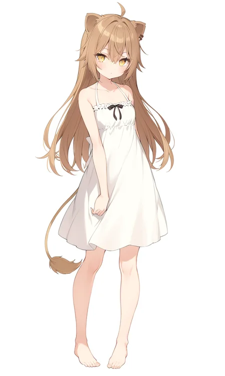 1girl, sensitive, solo, long hair, looking at viewer, simple background, brown hair, white background, dress, animal ears, hair between eyes, standing, tail, full body, yellow eyes, ahoge, sleeveless, barefoot, virtual youtuber, white dress, sleeveless dress, sundress, lion ears, lion tail, lion girl