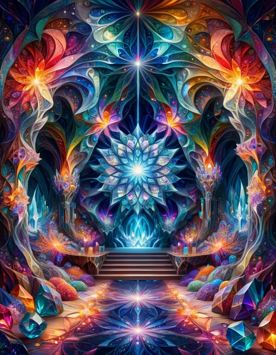landscape of a Artistic ral-kldscop and Futuristic Crystal cave of wishes, Dullcore, Accent lighting, <lora:ral-kldscop:1>, exquisite color, ambient illumination, sunny, set logical ambient background, complex artistic color composition, handsome, enhanced quality, contemporary, creative, striking, magnificent, highly intricate
