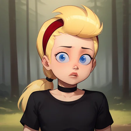 score_7_up, BREAK, 1girl, solo, SissyBlakely, blue eyes, blonde hair, low ponytail, red hairband, black choker, black shirt, <lora:SissyBlakely_PXL_Leaf2:1>, forest, upper body,