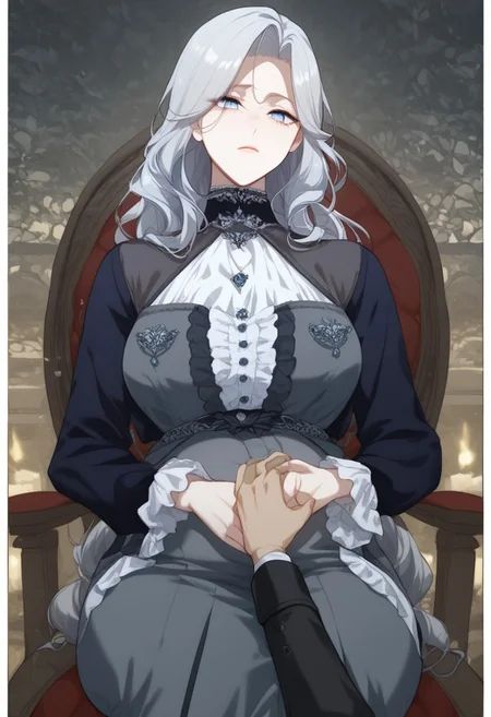 Score_9, Score_8_up, detailed background, night, pov, ruined tavern, Expressiveh, Character, zPDXL,
1girl, Reneemacias, light blue eyes, grey hair, long hair, Maternity wear uniform ,pregnant,Rub your belly,
Sit in a rocking chair,