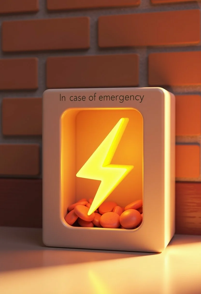 Animations Style - 3D cartoon render of a (3D golden thunderbolts) inside a box with a window, on the window the words "in case of emergency", behind the box there are bricks background, Style: soft, dreamy, and slightly surreal,