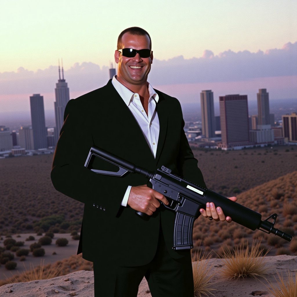 hyperrealistic photo of a gigachud muscular man smirking and standing on a barren hilltop at dusk, overlooking a distant city skyline. He has short, dark hair and a stern expression, exuding a sense of determination. He wears a fitted black suit with a white dress shirt underneath, the top button undone for a slightly relaxed look and black sunglasses. In his hands, he holds MP5 machine gun, gripping it with both hands in a ready stance, as if prepared for action. The background features a hazy cityscape with tall buildings silhouetted against a gradient sky transitioning from soft pinks to deep purples, with a few scattered clouds adding depth. The ground beneath him is dry and rocky, with patches of sparse vegetation, enhancing the gritty atmosphere. The lighting casts a warm, golden hue on his suit, with subtle shadows emphasizing the folds of the fabric and the metallic sheen of the pistol. The overall mood is tense and cinematic, capturing a moment of impending action against a dramatic urban backdrop. Shot with a 100mm lens, medium depth of field keeps him in focus, background slightly blurred. 80s cyberpunk