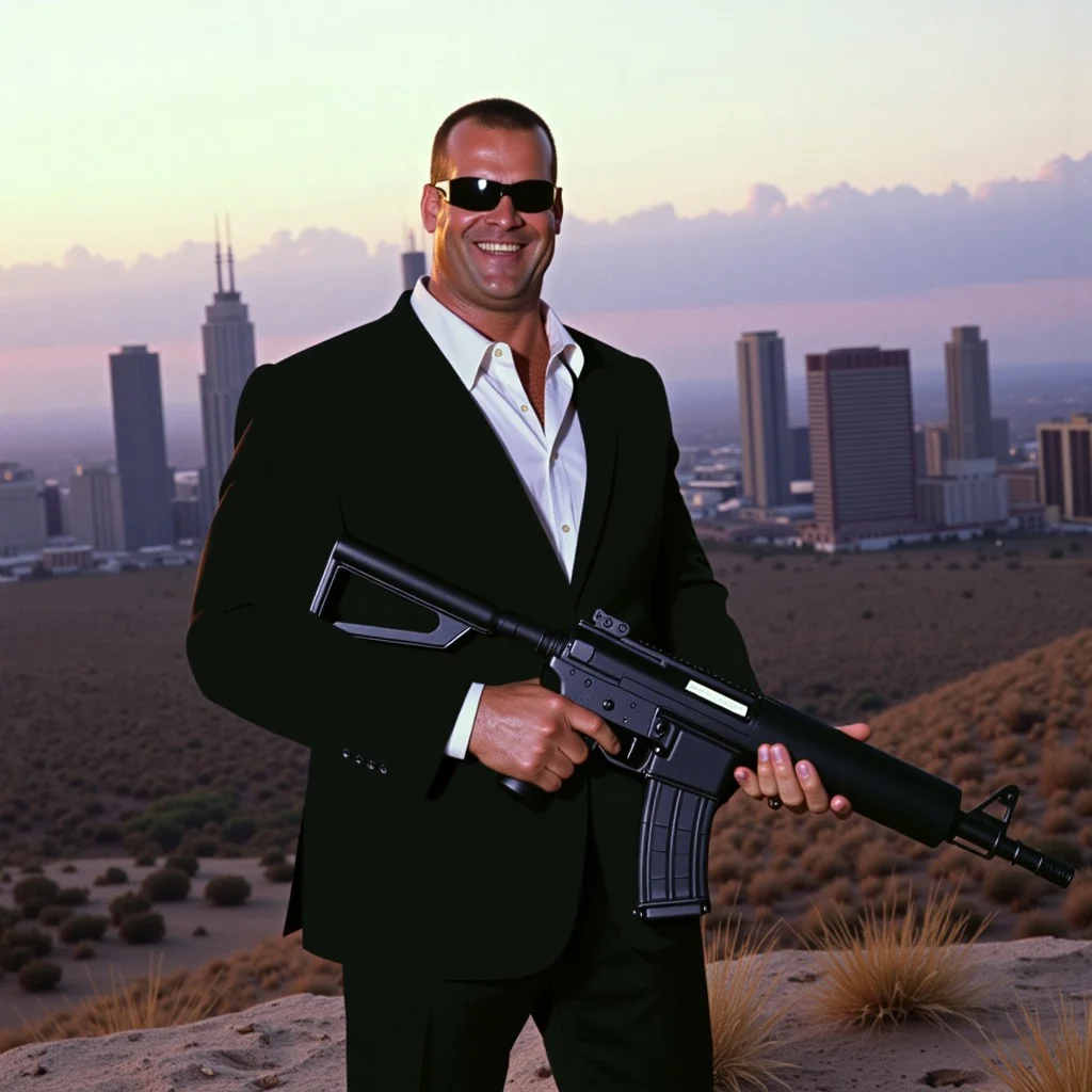 hyperrealistic photo of a gigachud muscular man smirking and standing on a barren hilltop at dusk, overlooking a distant city skyline. He has short, dark hair and a stern expression, exuding a sense of determination. He wears a fitted black suit with a white dress shirt underneath, the top button undone for a slightly relaxed look and black sunglasses. In his hands, he holds MP5 machine gun, gripping it with both hands in a ready stance, as if prepared for action. The background features a hazy cityscape with tall buildings silhouetted against a gradient sky transitioning from soft pinks to deep purples, with a few scattered clouds adding depth. The ground beneath him is dry and rocky, with patches of sparse vegetation, enhancing the gritty atmosphere. The lighting casts a warm, golden hue on his suit, with subtle shadows emphasizing the folds of the fabric and the metallic sheen of the pistol. The overall mood is tense and cinematic, capturing a moment of impending action against a dramatic urban backdrop. Shot with a 100mm lens, medium depth of field keeps him in focus, background slightly blurred. 80s cyberpunk