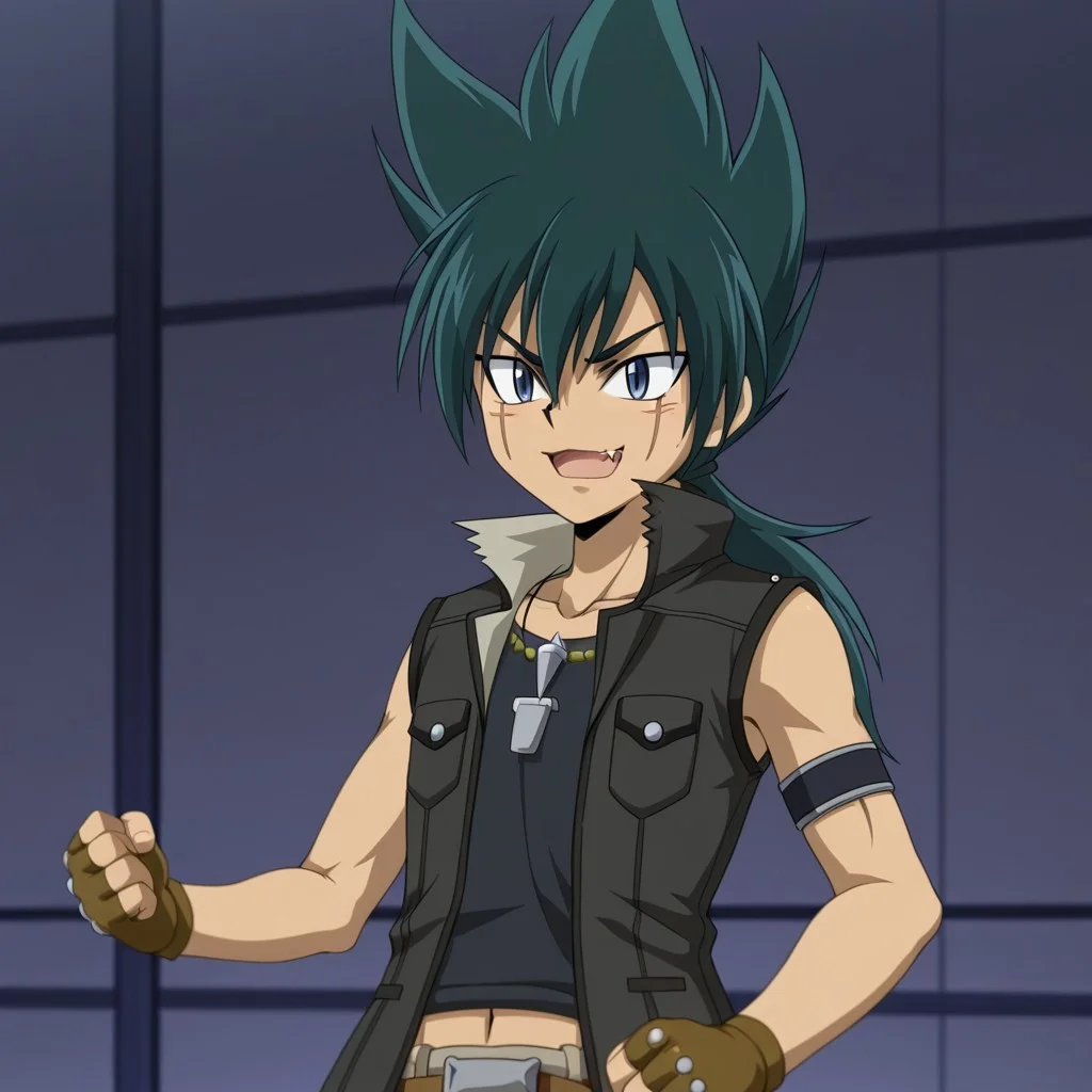 1boy, kyoya, outfit2, sleeveless dark jacket, vest, fang, green hair, necklace, gloves, fingerless gloves, ponytail, blue eyes